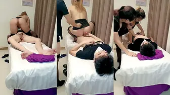 骚逼黑丝女技师带女徒弟激情大秀，给小哥按摩撩骚大鸡巴深喉口交，主动上位伺候男人，精彩刺激淫语不断爆赞